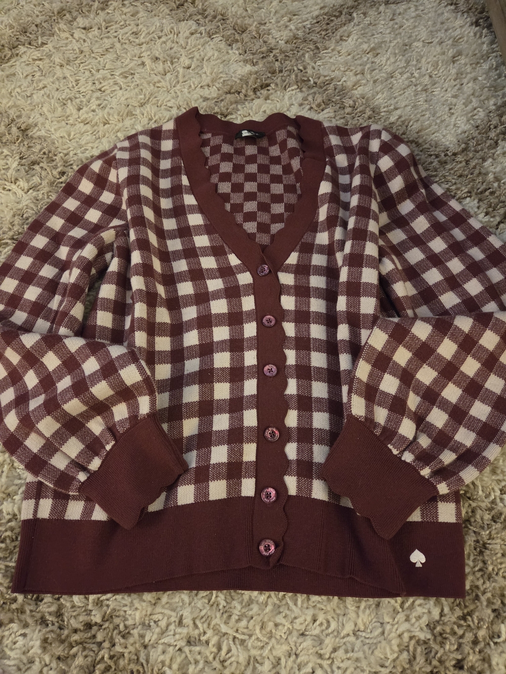 kate spade Maroon & Cream Checked V-Neck Cardigan sz large (runs a bit smaller)
